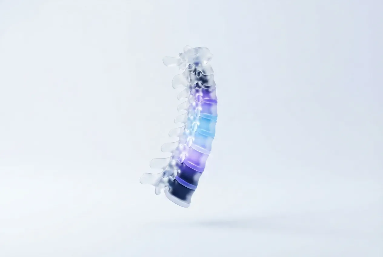 Coluna cervical translúcida vista de perfil, em tons de azul e roxo