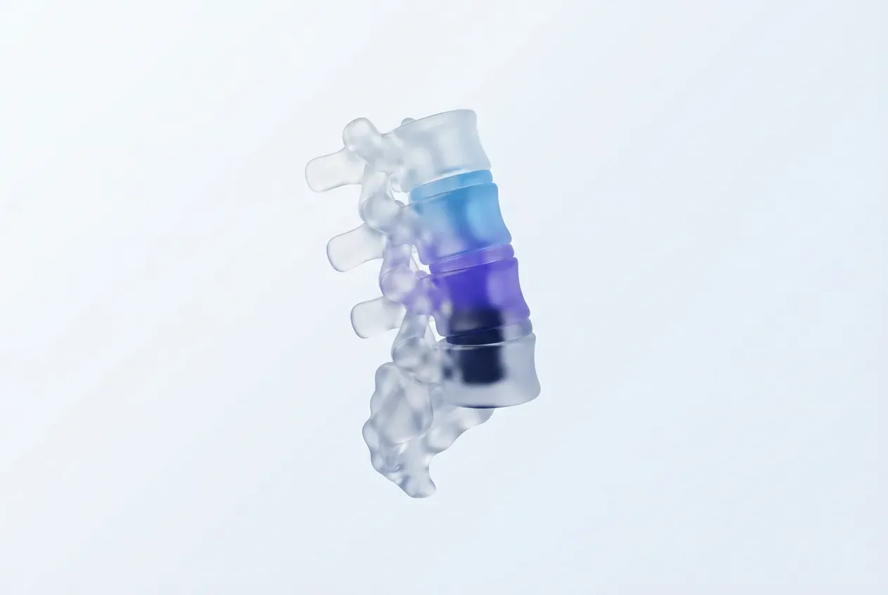 Vértebras lombares translúcidas com o segmento inferior destacado em roxo e azul