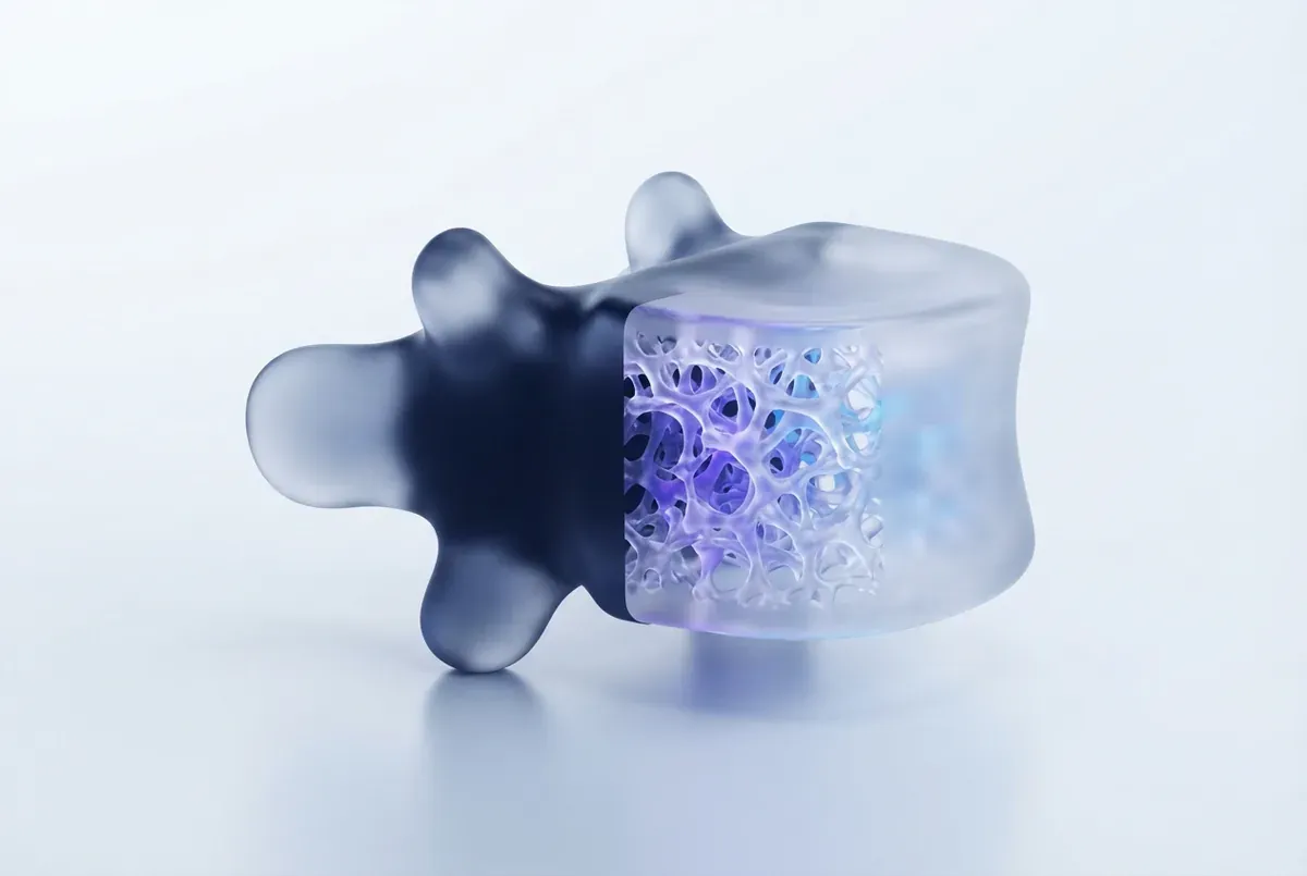 Corte de um corpo vertebral revelando a estrutura porosa do osso trabecular por dentro