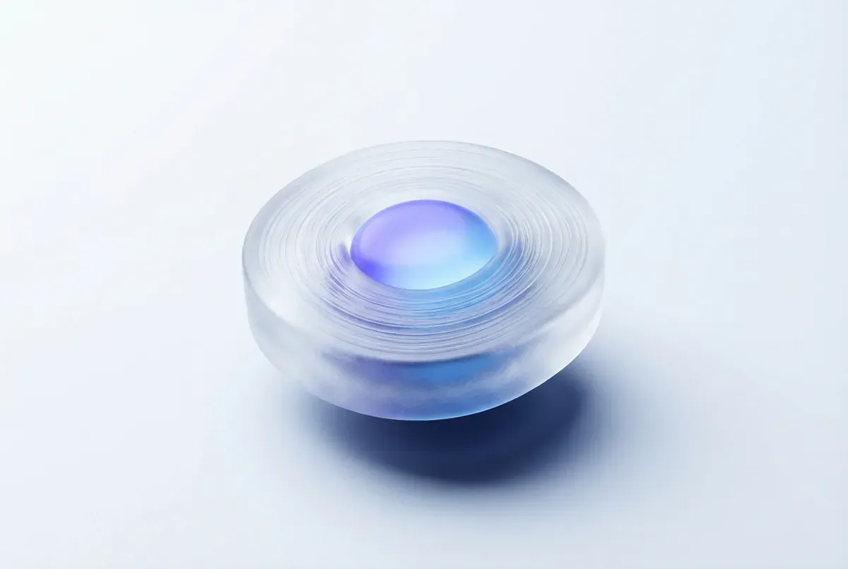 Disco intervertebral visto de cima, com camadas concêntricas e núcleo luminoso