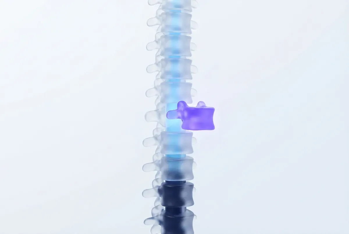 Coluna de vidro com uma vértebra do meio puxada para fora e brilhando em roxo